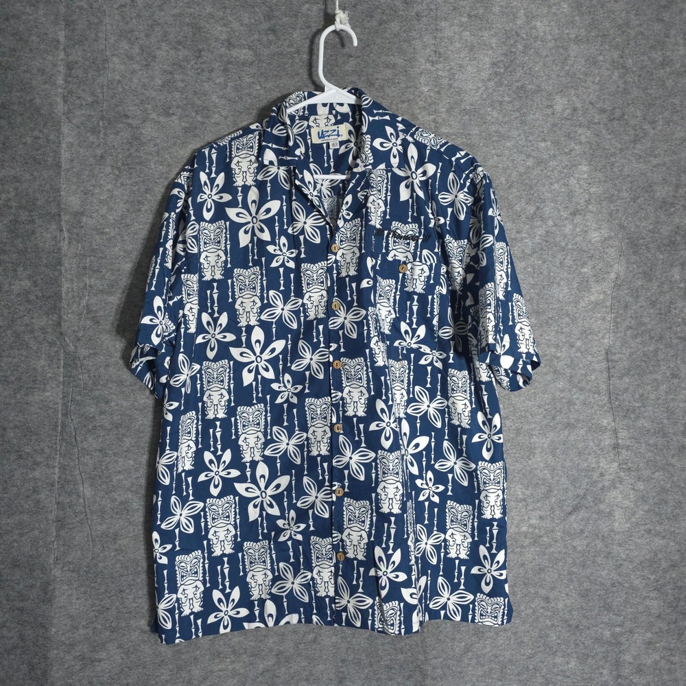 UZZI Mens 2XL Blue White Tiki Floral‎ Bamboo Short Sleeve Button Up Shirt